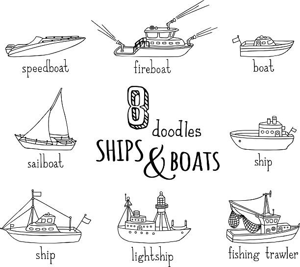 ilustrações, clipart, desenhos animados e ícones de vetor náutico conjunto de ícones de rabiscos navio. - speed boat versus sail boat