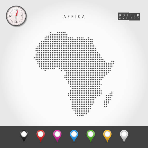 아프리카의 벡터 점지도. 아프리카의 심플한 실루엣. 현실적인 벡터 나침반. 여러 가지 색의 맵 핀 - 아프리카 stock illustrations