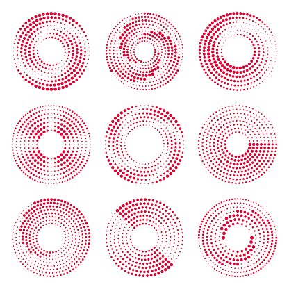 Set of nine different dotted circles. Round vector elements for design. Halftone effect.