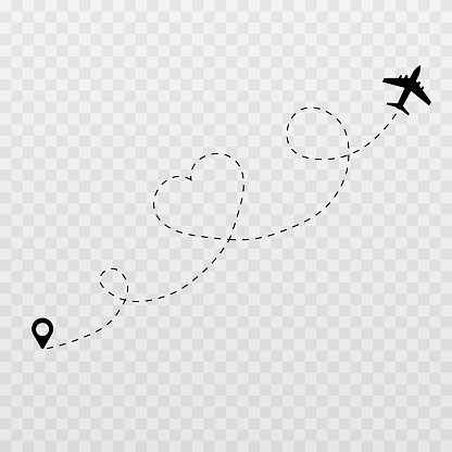 Vector dotted hearts. Honeymoon trip, honeymoon, airplane dotted tracks. Dotted lines png, heart png, travel by plane. The love route.