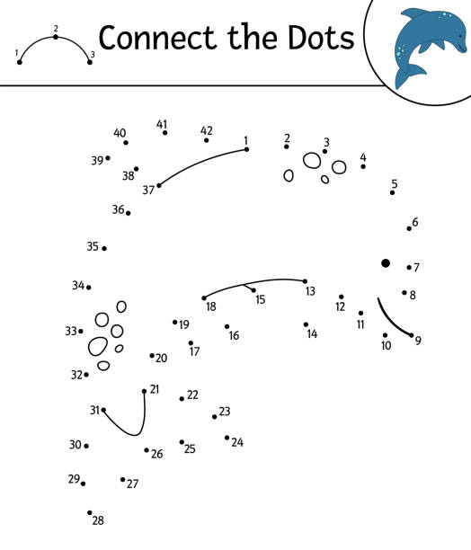 Vector dot-to-dot activity with cute animal. Connect the dots game. Dolphin line drawing. Funny summer coloring page for kids.  printable of fish drawing stock illustrations