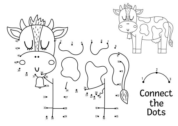 Vector dot-to-dot and color activity with cute cow. On the farm connect the dots game for children with funny farm animal. Rural country coloring page for kids. Printable worksheet Vector dot-to-dot and color activity with cute cow. On the farm connect the dots game for children with funny farm animal. Rural country coloring page for kids. Printable worksheet printable cow stock illustrations