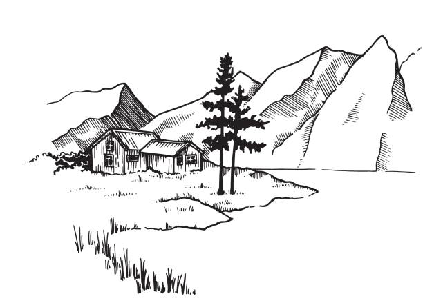 vector drawing, black and white landscape, graphics, engraving. rural house, lake shore and mountains. alpine meadows. vintage style illustration - 原木小屋 插圖 幅插畫檔、美工圖案、卡通  及圖標