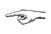Old style illustration of a hand pointing left with index finger