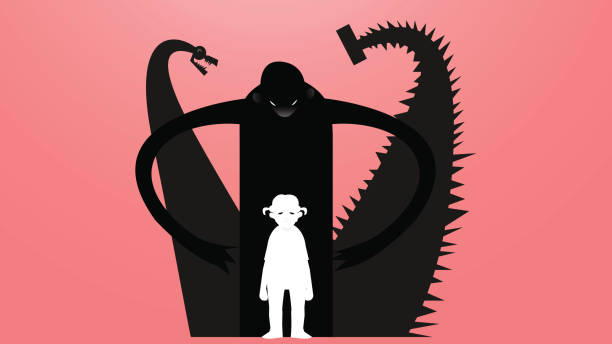 Vector drawing of a sad, depressed girl surrounded by three monsters which are bullying illustration Fear, harassment, sadness and looniness, bullying concept. pain silhouettes stock illustrations