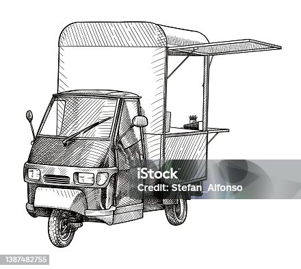 istock Vector drawing of a small food truck 1387482755