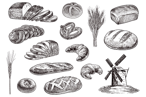 Old style illustration of bakery related items