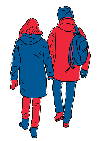 ✓ Imagen de Esquema dibujo de parejas de ciudadanos caminando por la calle  juntos. Fotografía de Stock