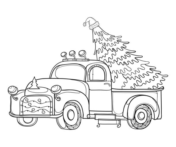 Vector drawing of outline vintage old pickup truck with Christmas tree and garland in black isolated on white background. Vector drawing of outline vintage old pickup truck with Christmas tree and garland in black isolated on white background. Contour ornate retro car for New Year design and Christmas coloring book. coloring pages stock illustrations