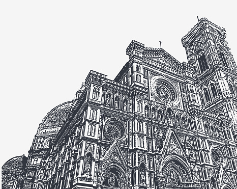 Vector drawing of the Pisa Cathedral and the Leaning Tower in Pisa, Tuscany, Italy.