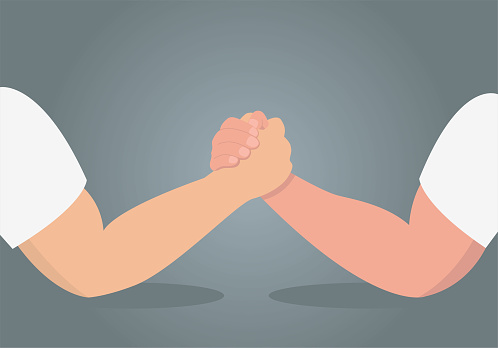 Vector drawing of two hands arm wrestling. Illustration of confrontation, opposition by force or competition.