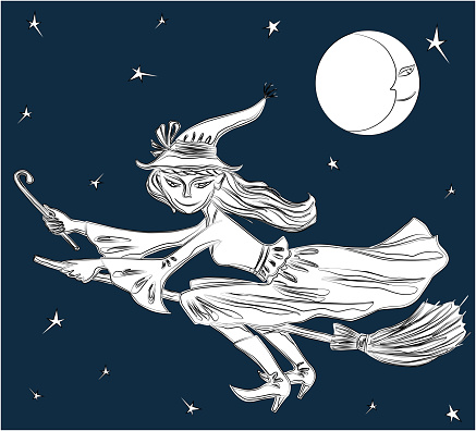 Vector drawing of young witch flying on  broomstick on Halloween night