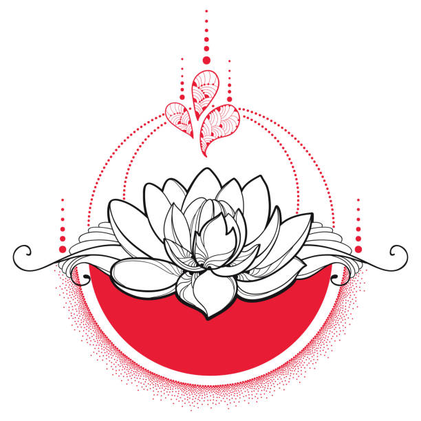 vektor-zeichenprogramm mit umriss schwarz lotusblume, rote punkte und wirbelt isoliert auf weißem hintergrund. - lotusblume tattoo stock-grafiken, -clipart, -cartoons und -symbole