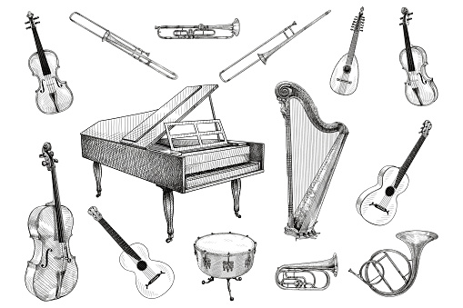 Vector drawings of various musical instruments: violin, trombone, trumpet, lute, piano, harp, cello, guitar, drum, french horn