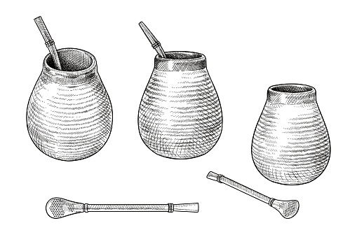 Vector drawings of yerba mate cups and bombilla