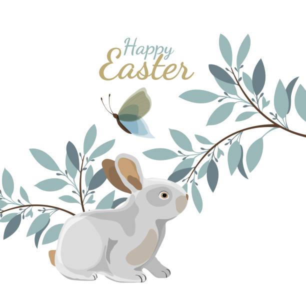 Vector Easter illustration. Happy Easter greeting card. Vector Easter illustration. Greeting card with twigs, a bunny, a butterfly and the inscription Happy Easter. drawing of the good friday stock illustrations