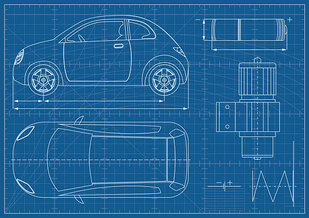 Vector Eco Car Blueprint Blueprint Background with Electric Car.  car designs stock illustrations
