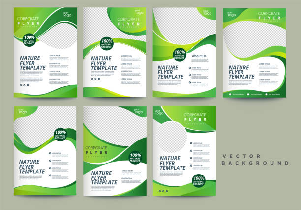 Vector eco flyer, poster, brochure, magazine cover template. Modern green leaf, environment design. - Vector can be adapt for brochure, flyer,etc flat lay stock illustrations