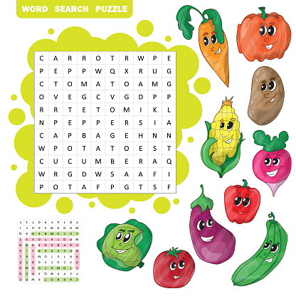 Vector education game for children about vegetables. Word search puzzle