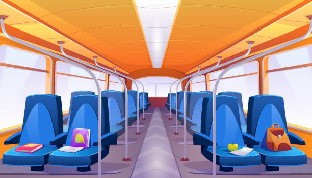 Vector empty school bus interior with blue seats School bus interior with blue seats. Vector cartoon empty passenger cabin of public city transport inside with forgotten books and backpack on bus chair indoors stock illustrations
