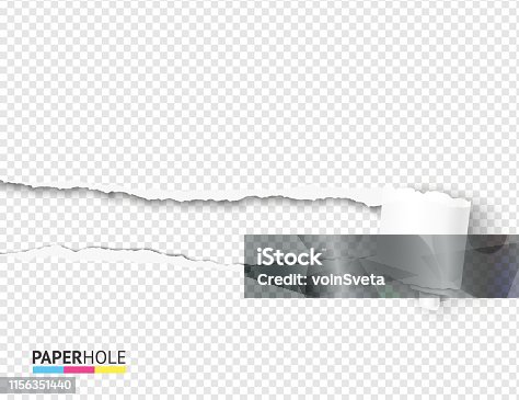 istock Vector empty tear off paper curly scroll and torn hole edges on a transparent background for a sale advertisement banner 1156351440