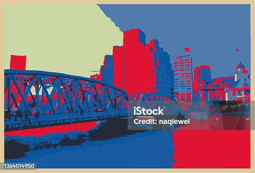 istock Vector engraving Shanghai city Waibaidu Bridge pattern illustration background 1364014950