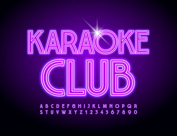 stockillustraties, clipart, cartoons en iconen met vector entertainment banner karaoke club. violet neon alfabet letters en cijfers ingesteld - karaoke