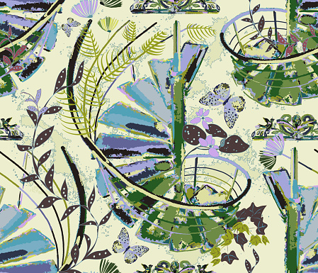 Vector EPS10 seamless pattern Abandoned Victorian Greenhouse, with spiral staircases and forged metal elements