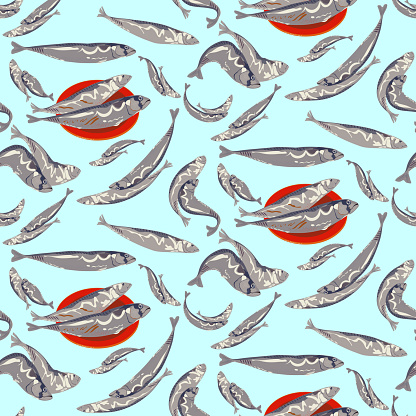 Vector EPS10 seamless pattern In the Fish Mood. Two mackerels on a red plate ready for cooking, school of fish floating in the sea water