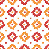 Vector ethnic pattern of irregularly shaped rhombuses of orange and red color on white background.