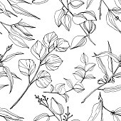 Vector Eucalyptus tree leaves jungle botanical. Black and white engraved ink art. Seamless background pattern. Fabric wallpaper print texture.