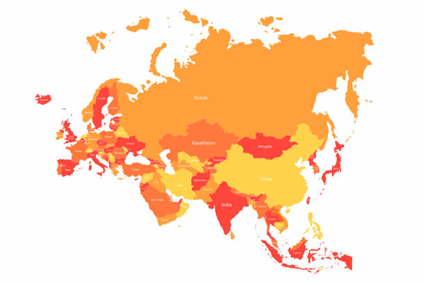 ilustrações de stock, clip art, desenhos animados e ícones de vector eurasia map with countries borders. abstract red and yellow eurasia countries on map - rússia