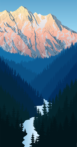 vector evening in beautiful mountains forest with river and peacks