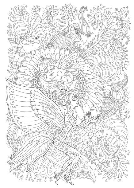 vector fairy tale pixie baby on chamomile flower, butterfly lady with milk formula bottle, parrot birds, frog, snail. black and white coloring book page for adults and children - baby formula stock illustrations