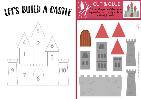 Vector fairytale cut and glue activity. Magic kingdom educational crafting game. Lets build a castle worksheet. Fairy tale printable page for kids with palace, towers.