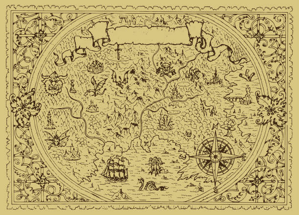 Vector fantasy map with baroque decorative frame and mythology creatures. Vector fantasy map with baroque decorative frame and mythology creatures. Hand drawn graphic illustration, old transportation background in vintage style adventure borders stock illustrations