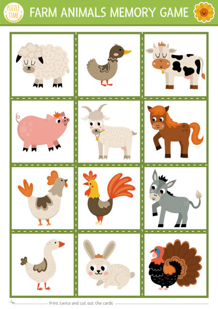 Vector farm animals and birds memory game cards with cute cow, hen, sheep, goat. On the farm matching activity. Remember and find correct card. Simple printable worksheet for kids Vector farm animals and birds memory game cards with cute cow, hen, sheep, goat. On the farm matching activity. Remember and find correct card. Simple printable worksheet for kids printable cow stock illustrations