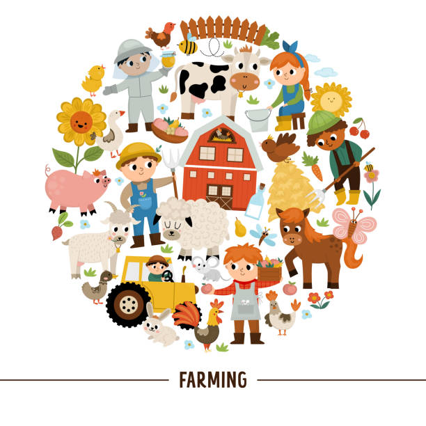 Vector farm round frame with farmers and animals. Rural country card template or local market design for banners, invitations. Cute countryside illustration with barn, cow, tractor, pig, hen, flower Vector farm round frame with farmers and animals. Rural country card template or local market design for banners, invitations. Cute countryside illustration with barn, cow, tractor, pig, hen, flower horse borders stock illustrations