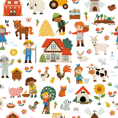 Vector farm seamless pattern. Rural countryside repeat background with funny farmers, barn, country house, animals, birds, tractor, windmill, beehive. Cute village or garden digital paper