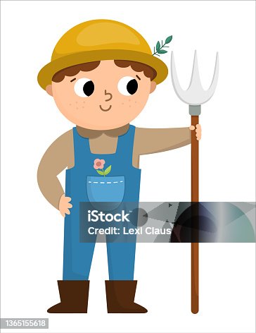 istock Vector farmer with hayfork icon. Cute kid doing agricultural work. Rural country character. Child gathering hay. Funny farm illustration with cartoon boy isolated on white background 1365155618