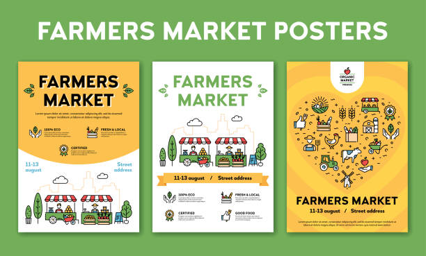 Vector Farmers Market Event Poster Set Farmers market design poster set. Vector local farm event backgrounds with place for text. City food festival illustrations with organic products. Line healthy fruit and vegetable shop banner template bazaar market stock illustrations