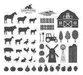 Vector farm and farming icons and design elements. Farm animals collection. Fruits and vegetables icons