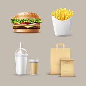 Vector Fast Food Set of Realistic Hamburger Classic Burger Potatoes French Fries in White Package Box Blank Cardboard Cups for Coffee Soft Drinks with Straw and Craft Paper Take Away Handle Lunch Bags.