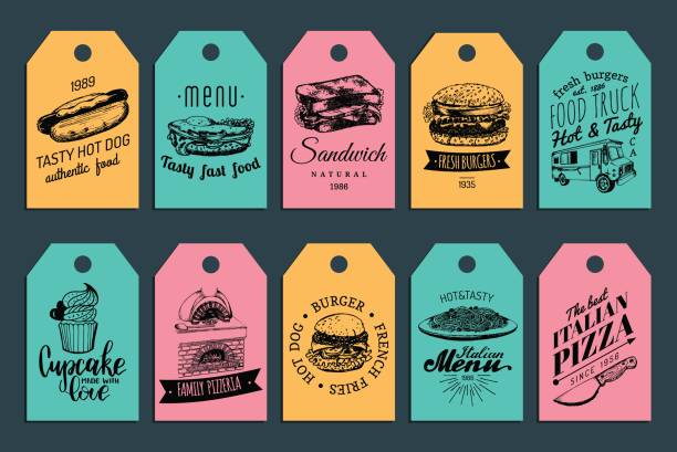 illustrations, cliparts, dessins animés et icônes de tags de vecteur de fast-food. hamburgers, hot-dogs, illustrations etc. de sandwich. vintage à la main tiré de repas rapides collection labels. - fromager