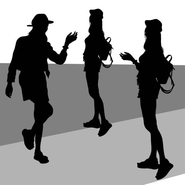 Vector female silhouettes of a young girl in wool and a mini skirt a tourist stands with a raised hand with an open palm, a woman in a baseball cap with a backpack behind her back, isolated on a gray-white background. Vector female silhouettes of a young girl in wool and a mini skirt a tourist stands with a raised hand with an open palm, a woman in a baseball cap with a backpack behind her back, isolated on a gray-white background girls in very short dresses stock illustrations