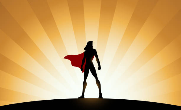 ilustraciones, imágenes clip art, dibujos animados e iconos de stock de silueta de superhéroe femenina vectorial con efecto sunburst en el fondo - cape