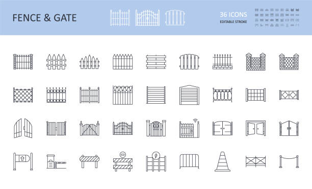 Vector fence and gate icons, road signs. Editable stroke. Wooden metal profile brick wire fences. Open and closed wickets, remote control. Safety signs, repair and construction, stop sign, electricity Vector fence and gate icons, road signs. Editable stroke. Wooden metal profile brick wire fences. Open and closed wickets, remote control. Safety signs, repair and construction, stop sign, electricity fence stock illustrations