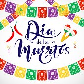 Vector festive poster Day of the Dead, translation on Spanish language Dia de los Muertos. Banner with chilli pepper, maracas, garlands of Mexican paper decorations, traditional fiesta.