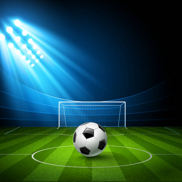 ilustrações de stock, clip art, desenhos animados e ícones de vector com bola de futebol no campo do estádio com luz - soccer night