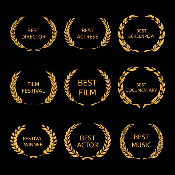vector film awards, gold award wreaths on black background - cannes 幅插畫檔、美工圖案、卡通及圖標